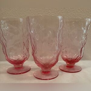 3 Seneca “Driftwood” pink crinkle glass tumblers. 12oz
